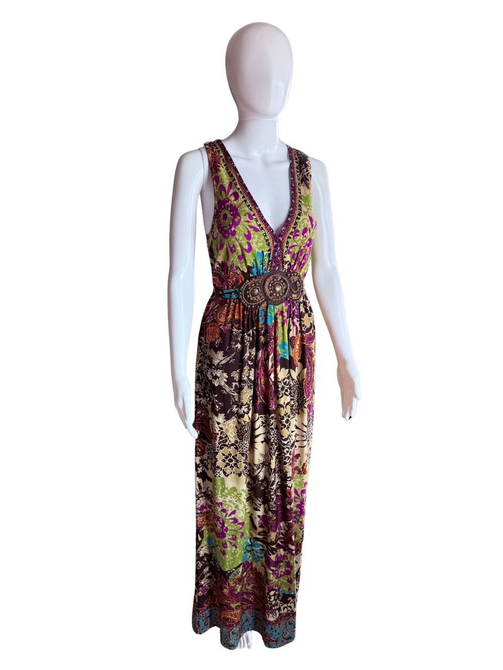 Vintage Y2K ECI Floral Boho Maxi Dress with Beaded Waist - Green & Purple 10